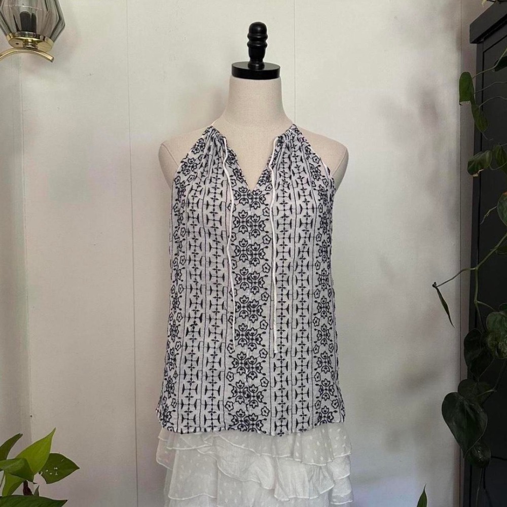 Loft Women XS White Blue Embroidered Floral High Tie Neck Airy Tank Top Blouse